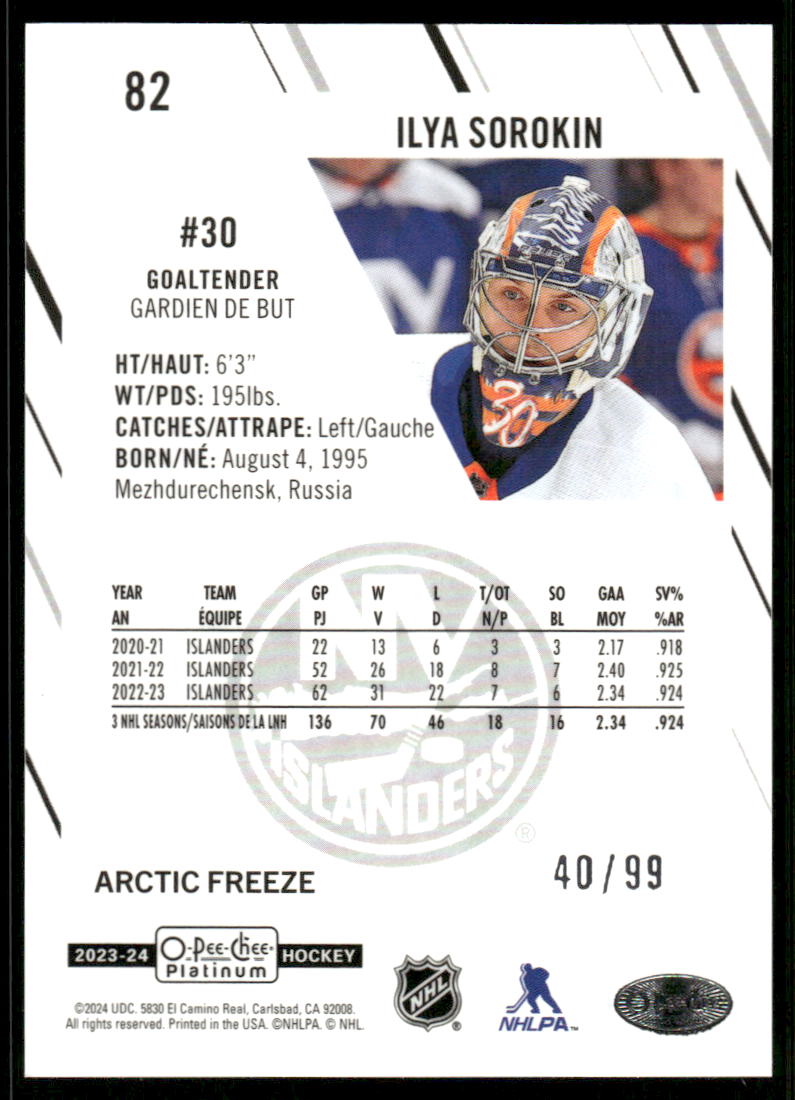 2023-24 O-Pee-Chee Platinum Arctic Freeze #82 Ilya Sorokin back image