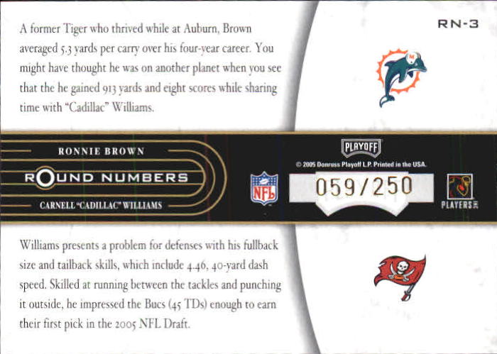 2005 Playoff Contenders Round Numbers Gold #RN3 Ronnie Brown/Cadillac Williams back image