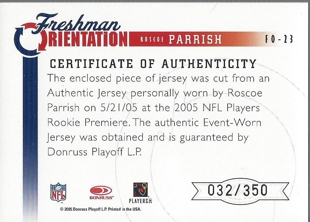 2005 Leaf Rookies and Stars Freshman Orientation Jersey #FO23 Roscoe Parrish back image