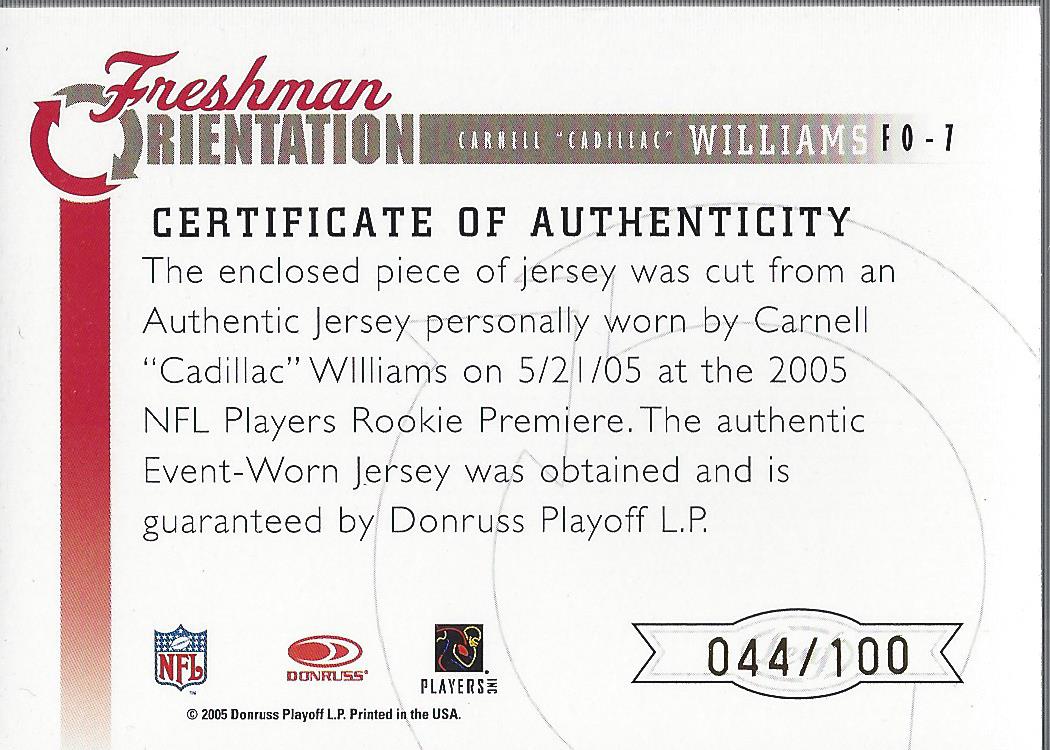 2005 Leaf Rookies and Stars Freshman Orientation Jersey Class Officers #FO7 Cadillac Williams back image