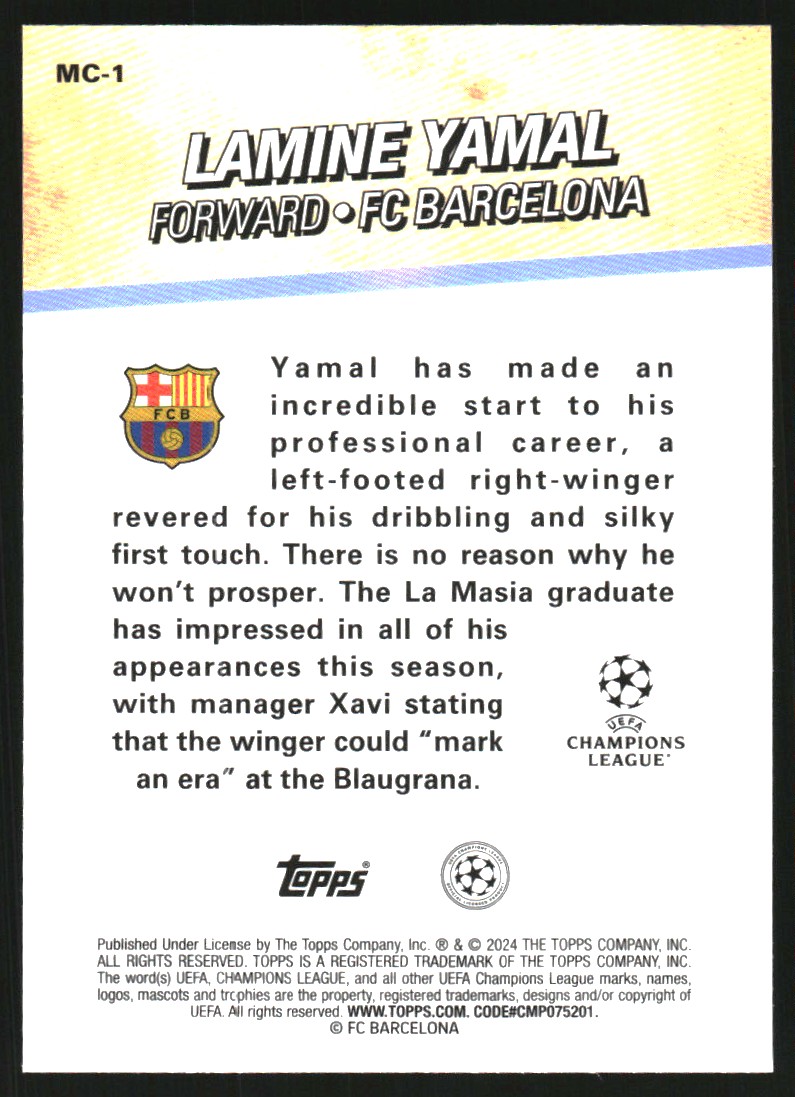 2023-24 Merlin UEFA Club Competitions Merlins Chosen One #MC1 Lamine Yamal back image