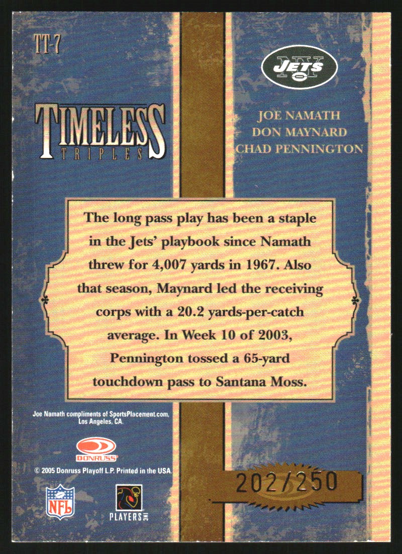 2005 Donruss Classics Timeless Triples Gold #7 Joe Namath/Don Maynard/Chad Pennington