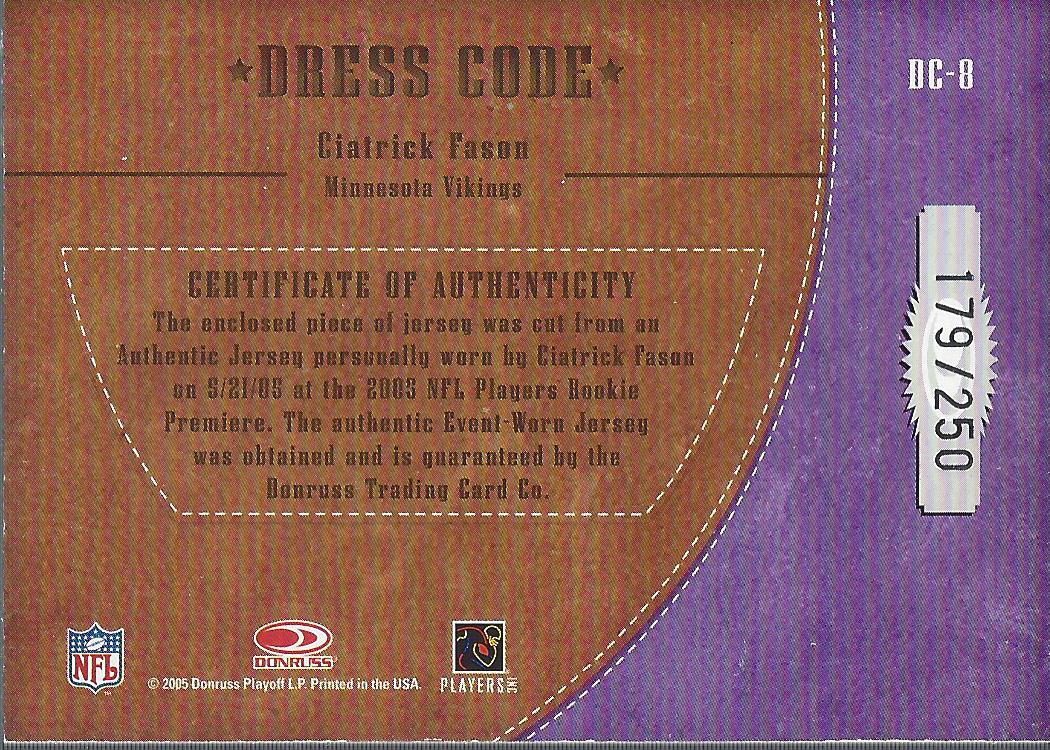 2005 Donruss Classics Dress Code Jerseys #8 Ciatrick Fason back image