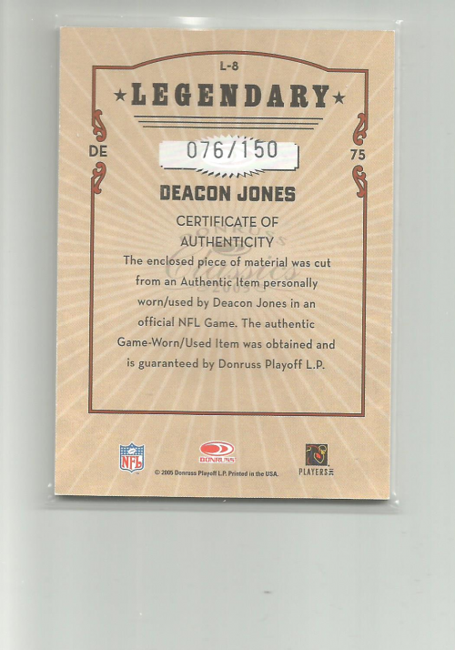 2005 Donruss Classics Legendary Players Jerseys #8 Deacon Jones back image