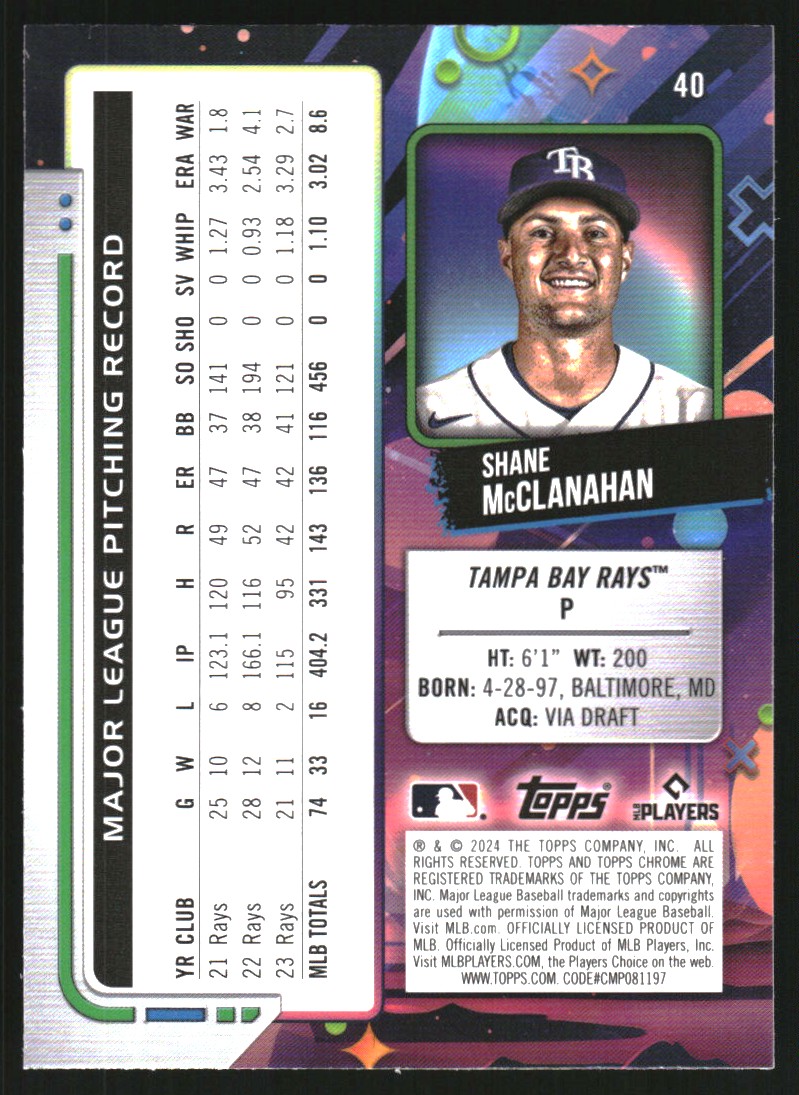 2024 Topps Cosmic Chrome Aqua Equinox Refractors #40 Shane McClanahan