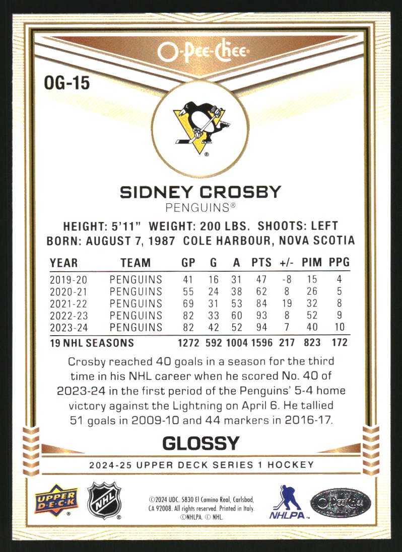 2024-25 Upper Deck O-Pee-Chee Glossy #OG15 Sidney Crosby