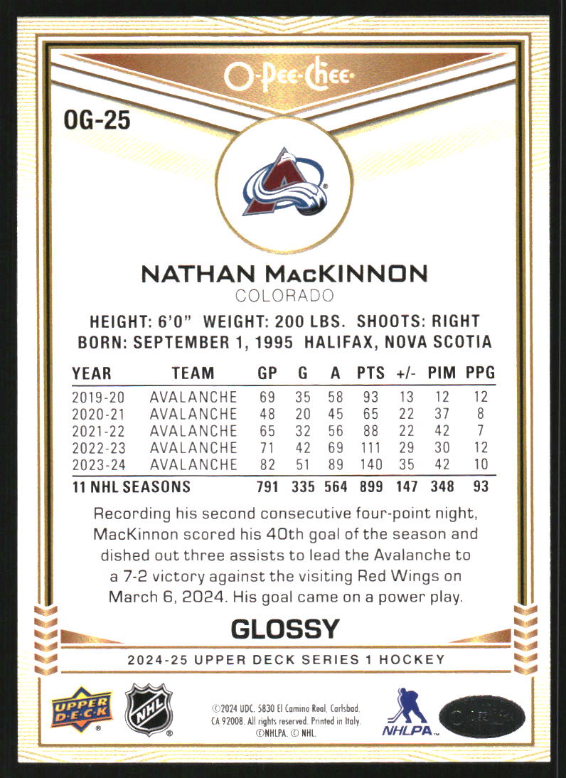2024-25 Upper Deck O-Pee-Chee Glossy #OG25 Nathan MacKinnon