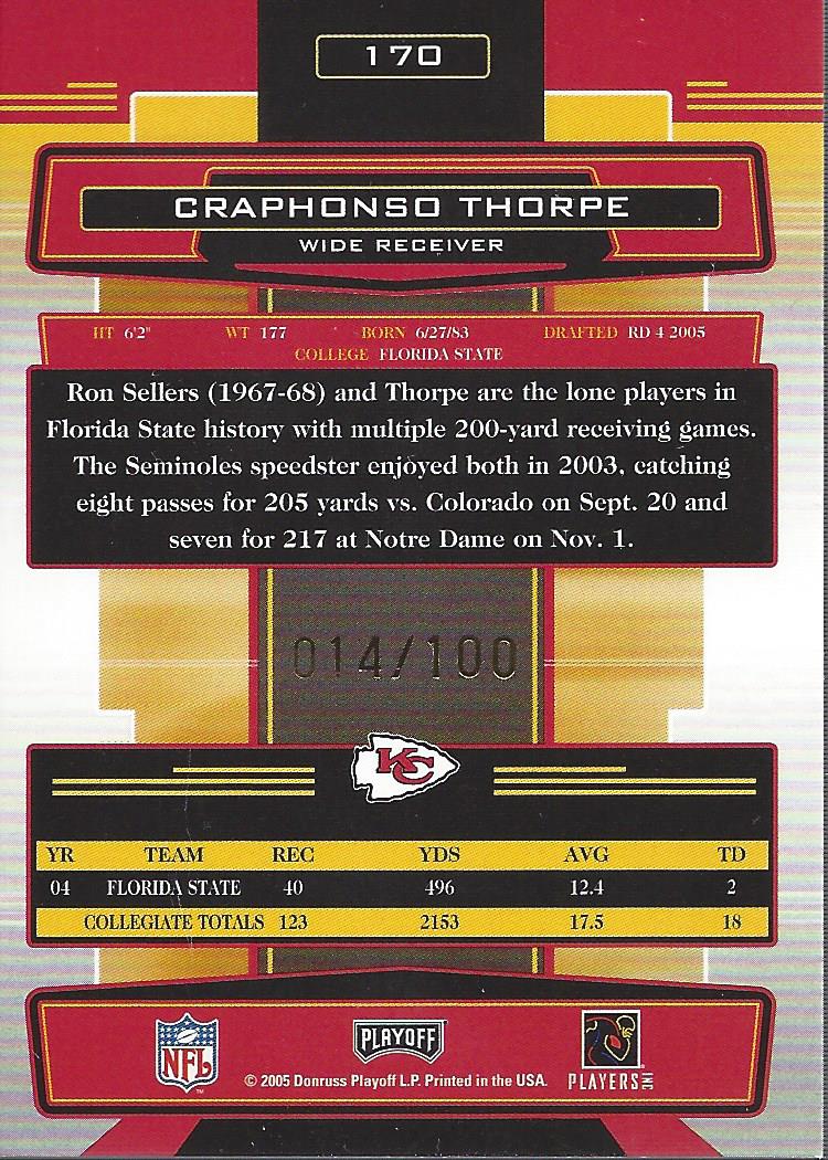 2005 Absolute Memorabilia Spectrum Gold Autographs #170 Craphonso Thorpe/100 back image