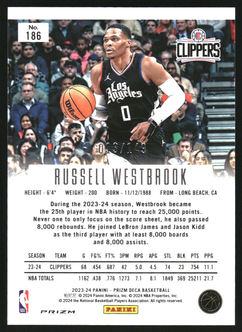2023-24 Panini Prizm Deca Prizms Blue #186 Russell Westbrook