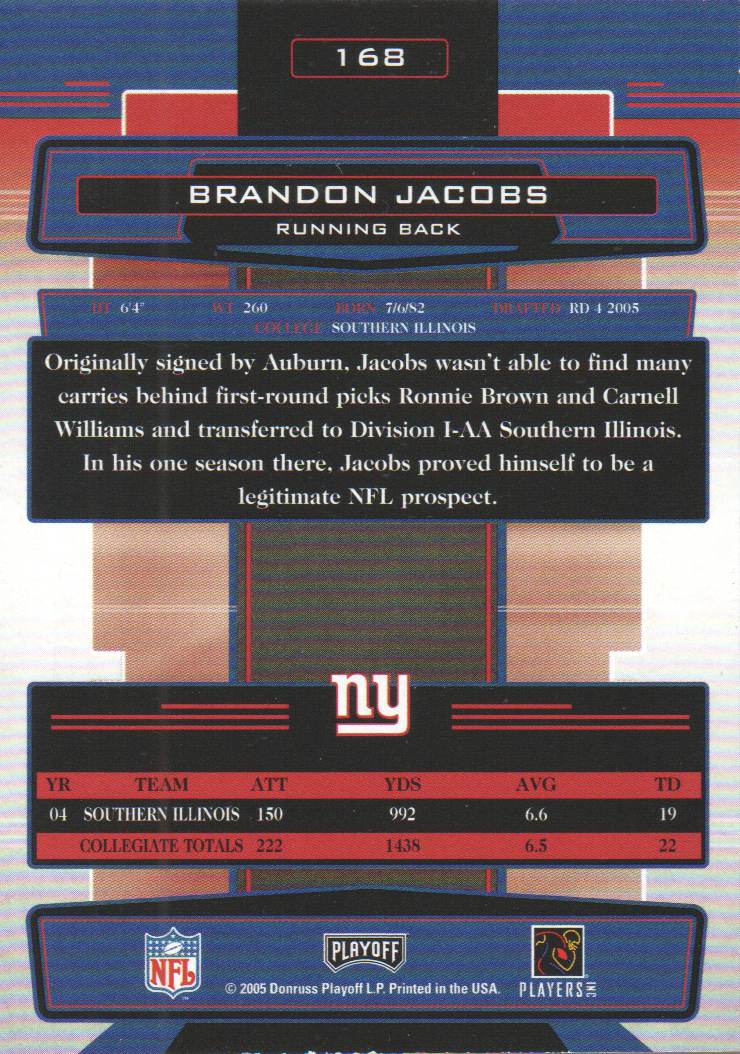 2005 Absolute Memorabilia Spectrum Blue Retail #168 Brandon Jacobs back image