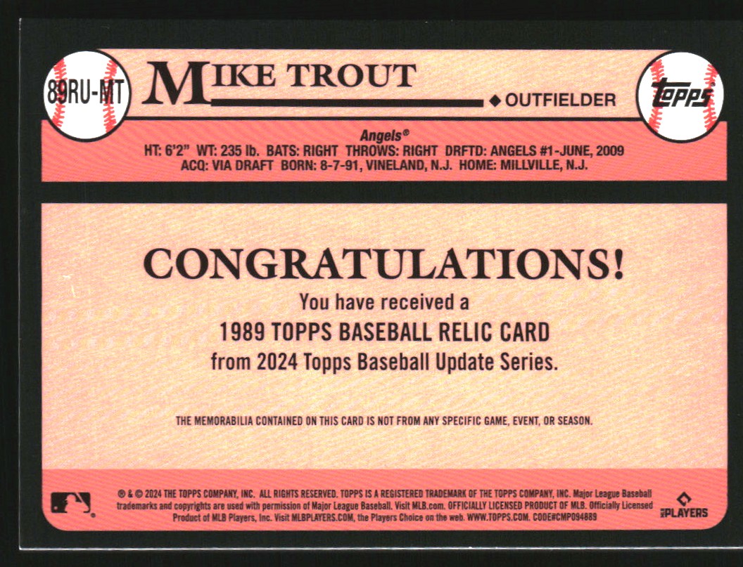 2024 Topps Update '89 Topps Relics #89RUMT Mike Trout