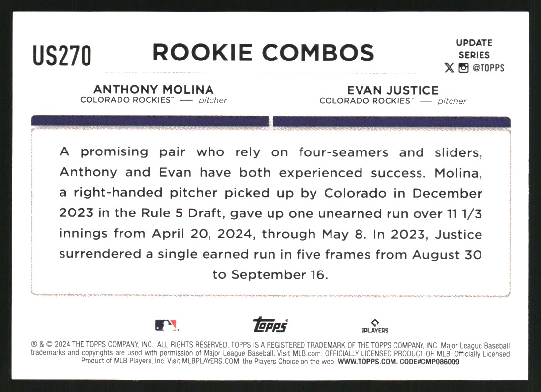 2024 Topps Update Rainbow Foil #US270 Evan Justice/Anthony Molina