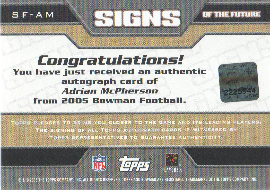 2005 Bowman Signs of the Future Autographs #SFAM Adrian McPherson J back image