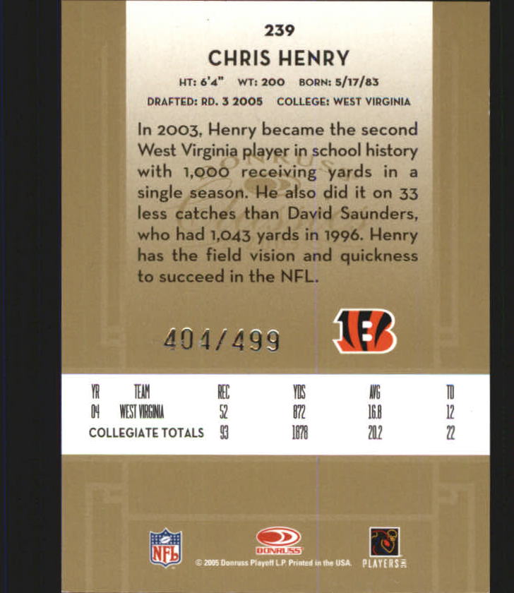 2005 Donruss Classics #239 Chris Henry AU RC back image