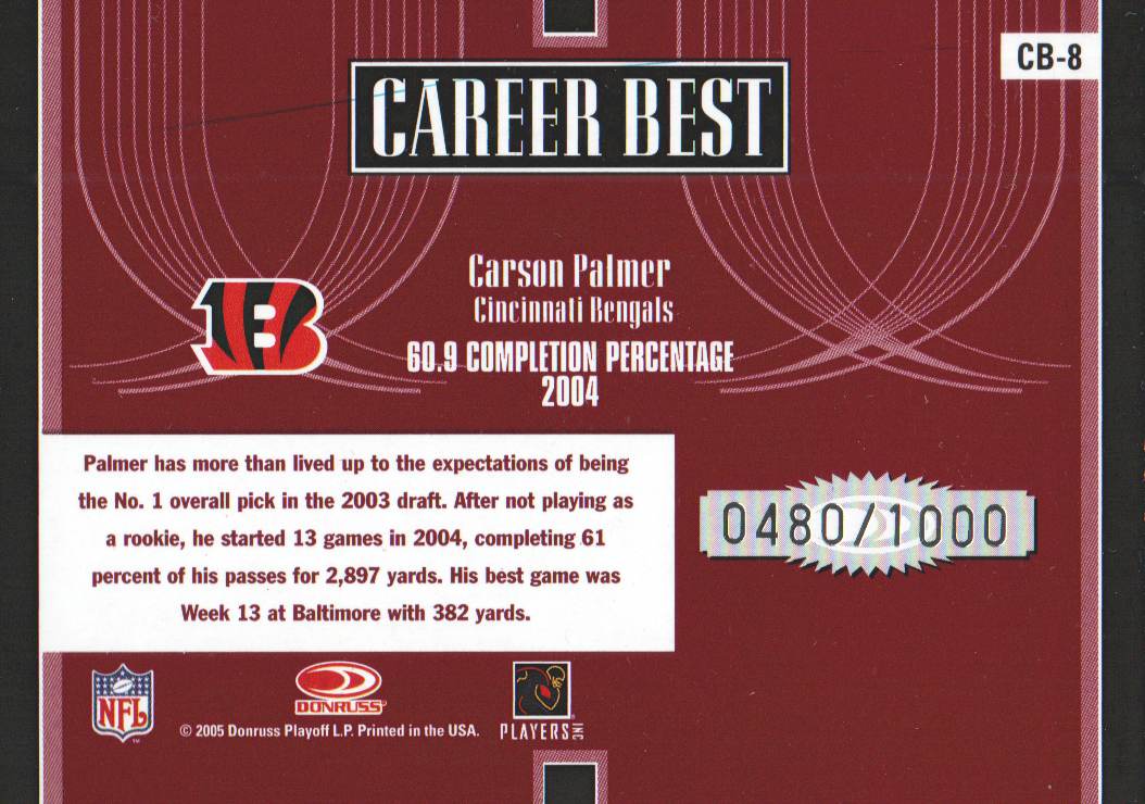 2005 Donruss Elite Career Best Red #CB8 Carson Palmer back image