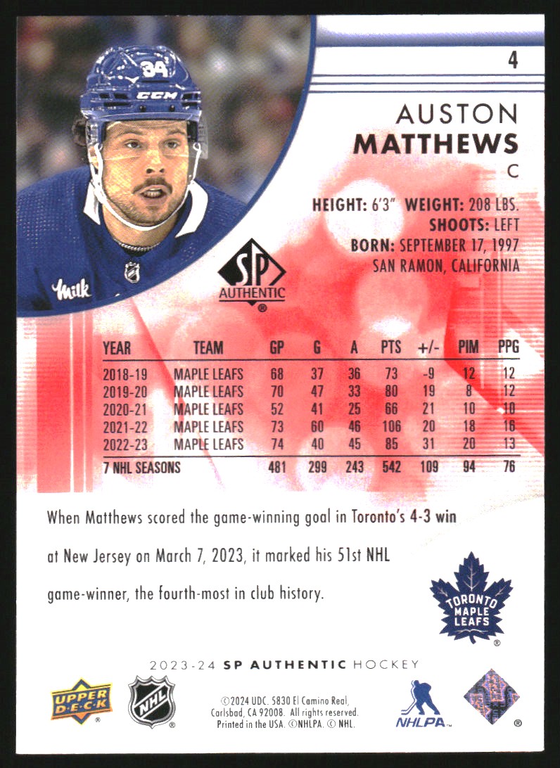2023-24 SP Authentic Limited Red #4 Auston Matthews