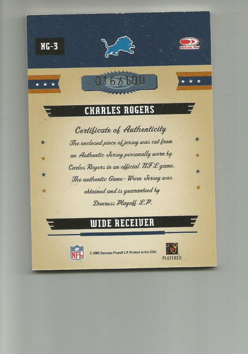 2005 Donruss Gridiron Gear Next Generation Jerseys Numbers #NG3 Charles Rogers/100 back image