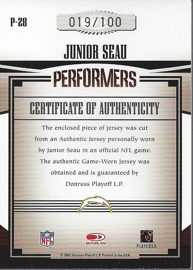 2005 Donruss Gridiron Gear Performers Jerseys Numbers #28 Junior Seau/100 back image