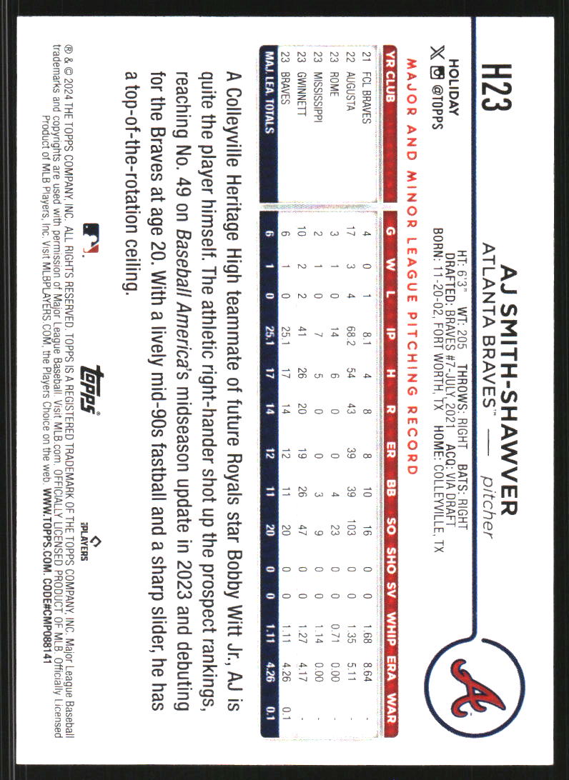 2024 Topps Holiday Metallic Tree #H23 AJ Smith-Shawver
