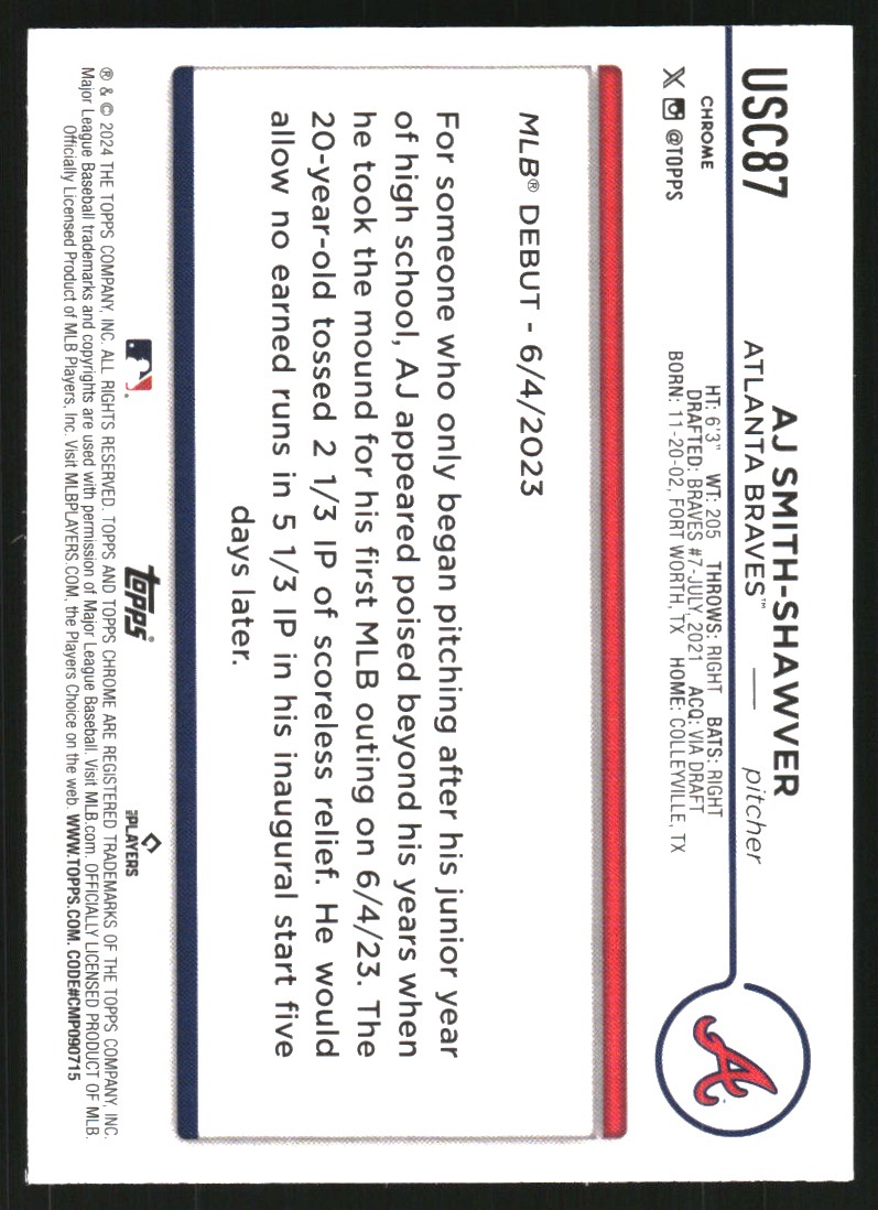 2024 Topps Chrome Update X-Fractors #USC87 AJ Smith-Shawver