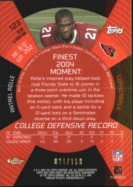 2005 Finest Blue Xfractors #123 Antrel Rolle
