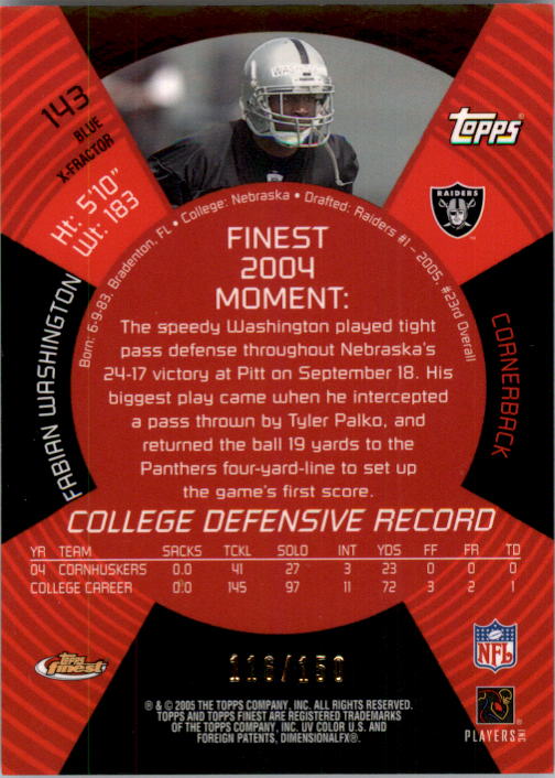 2005 Finest Blue Xfractors #143 Fabian Washington