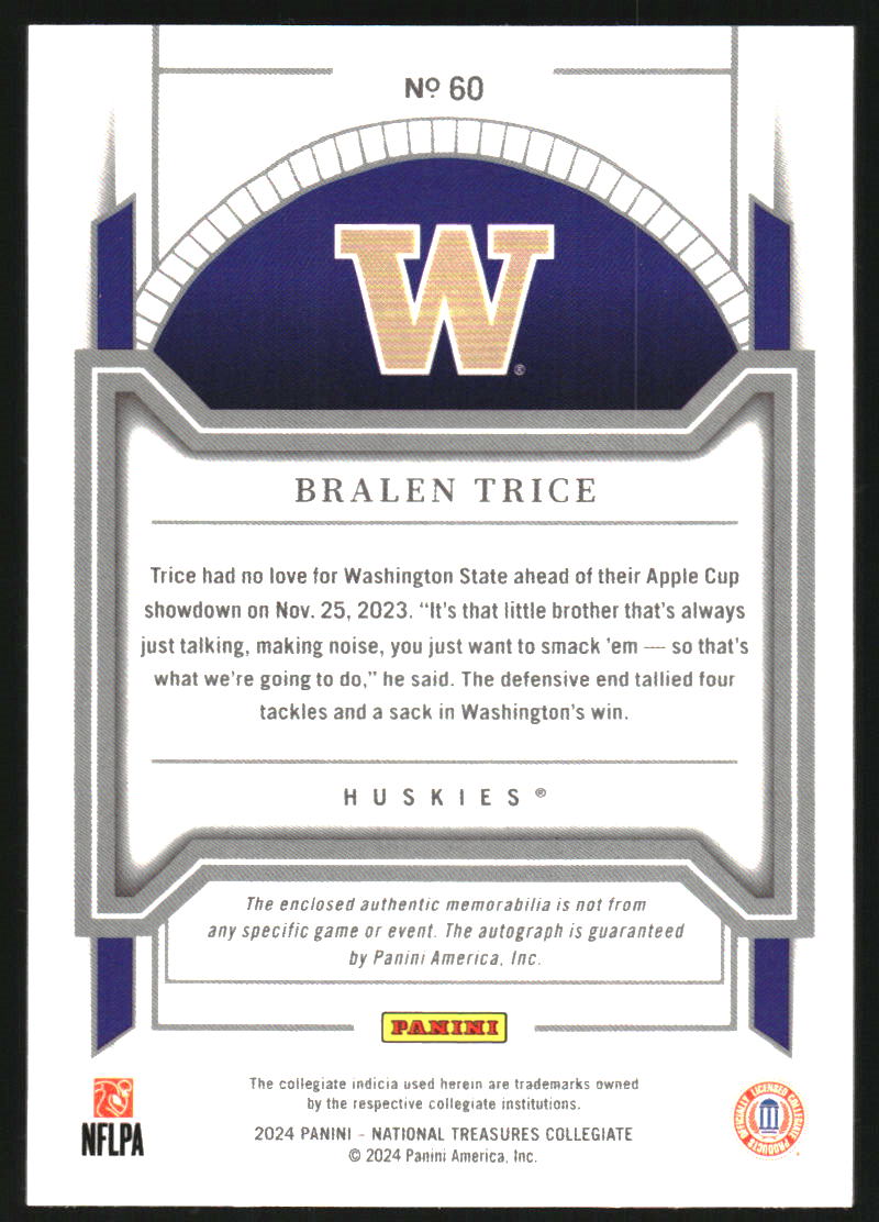 2024 Panini National Treasures Collegiate #60 Bralen Trice Auto Jersey /99
