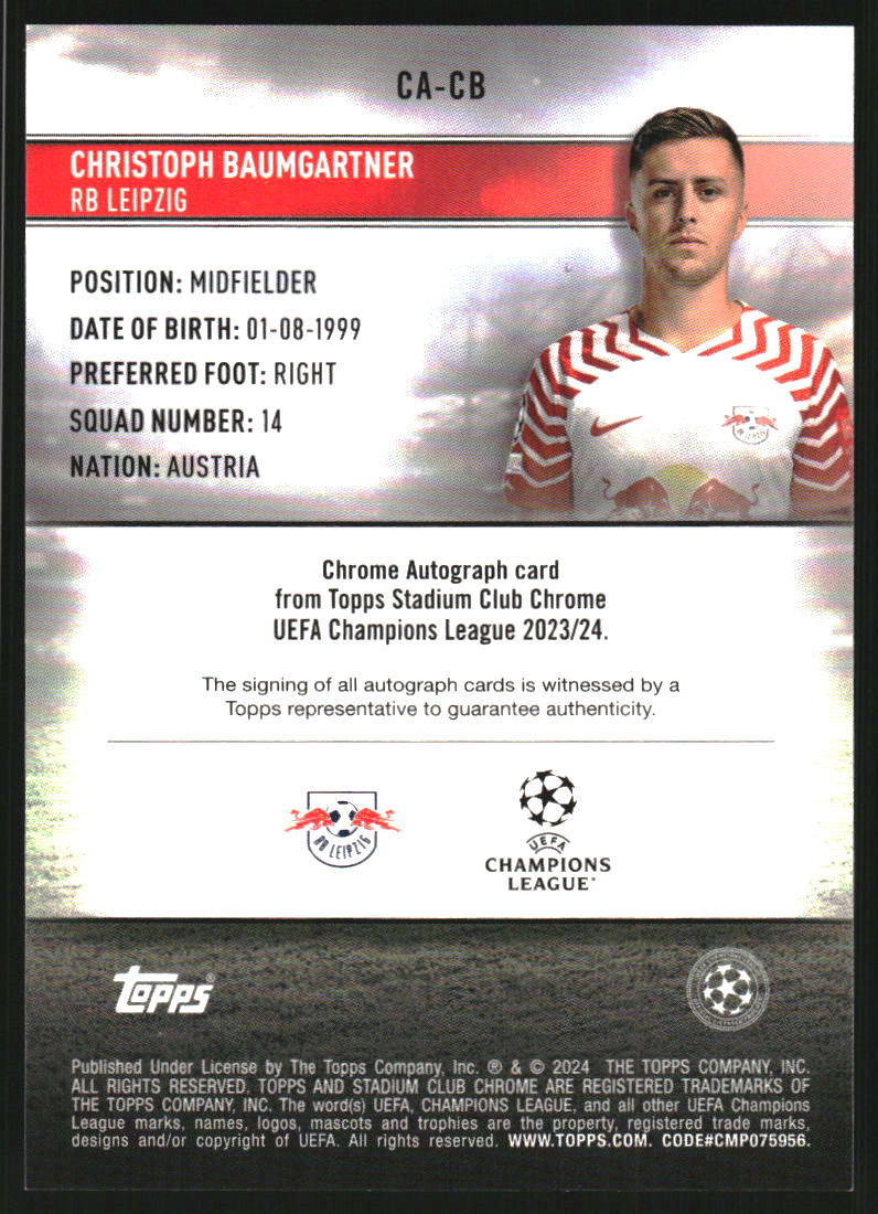 2023-24 Stadium Club Chrome UEFA Champions League Chrome Autographs Members Only Neon Green Refractors #CACB Christoph Baumgartner Auto /99