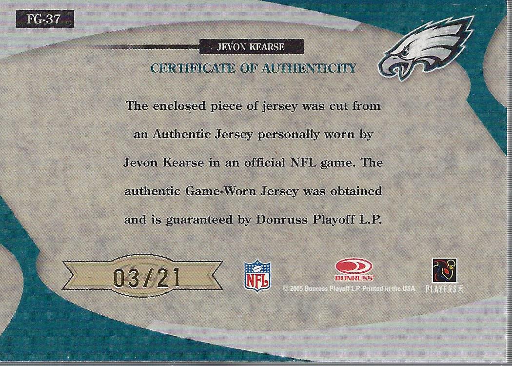 2005 Leaf Certified Materials Fabric of the Game 21st Century #37 Jevon Kearse back image