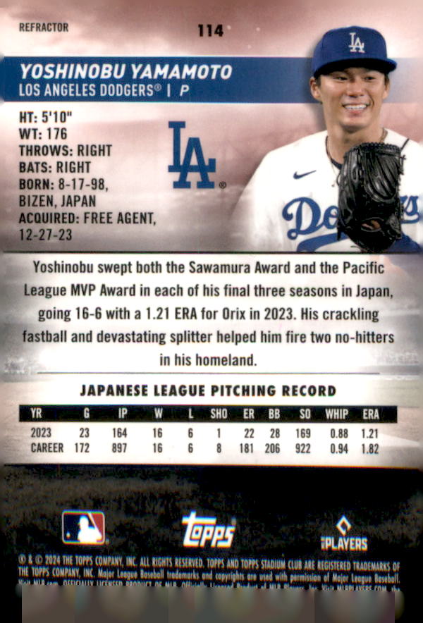 2024 Stadium Club Chrome Refractors #114 Yoshinobu Yamamoto back image