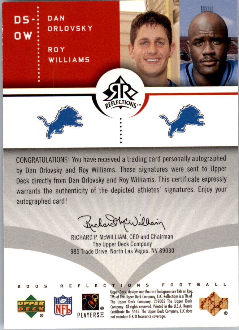 2005 Reflections Dual Signature Reflections Red #DSOW Dan Orlovsky/Roy Williams WR back image