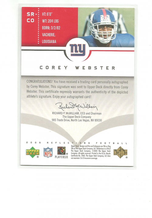 2005 Reflections Signature Reflections Red #SRCO Corey Webster back image