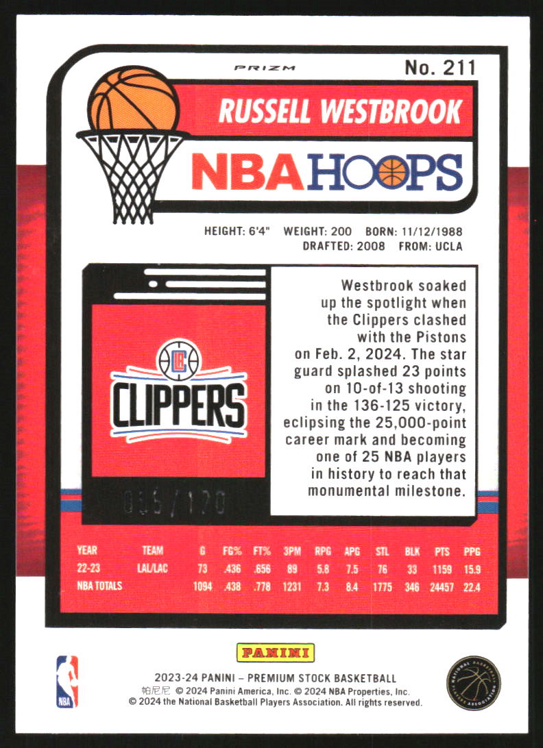 2023-24 Hoops Premium Stock Blue Prizm #211 Russell Westbrook /120