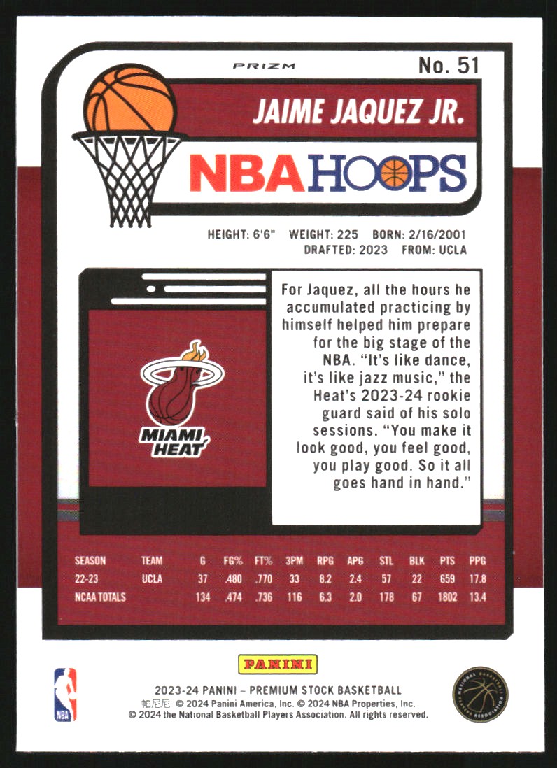 2023-24 Hoops Premium Stock Ice Prizm #51 Jaime Jaquez Jr.