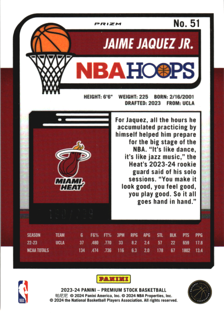 2023-24 Hoops Premium Stock Orange Prizm #51 Jaime Jaquez Jr.