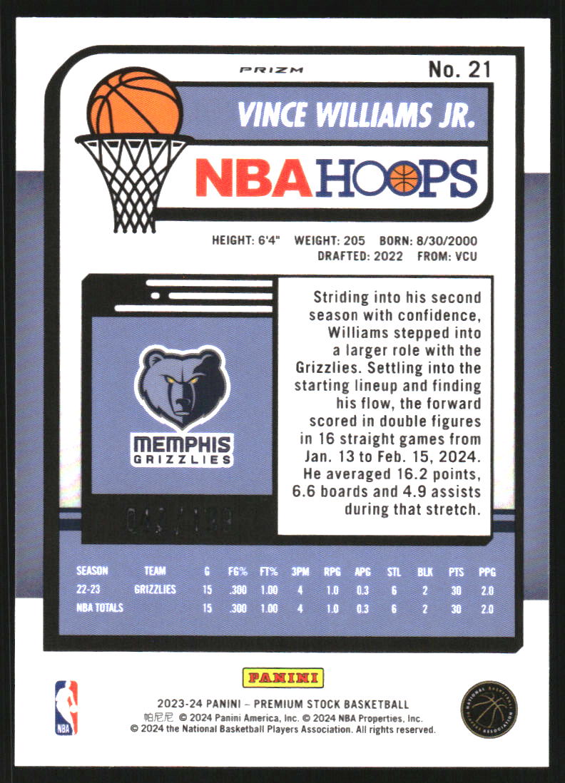 2023-24 Hoops Premium Stock Red Seismic Prizm #21 Vince Williams Jr. /199