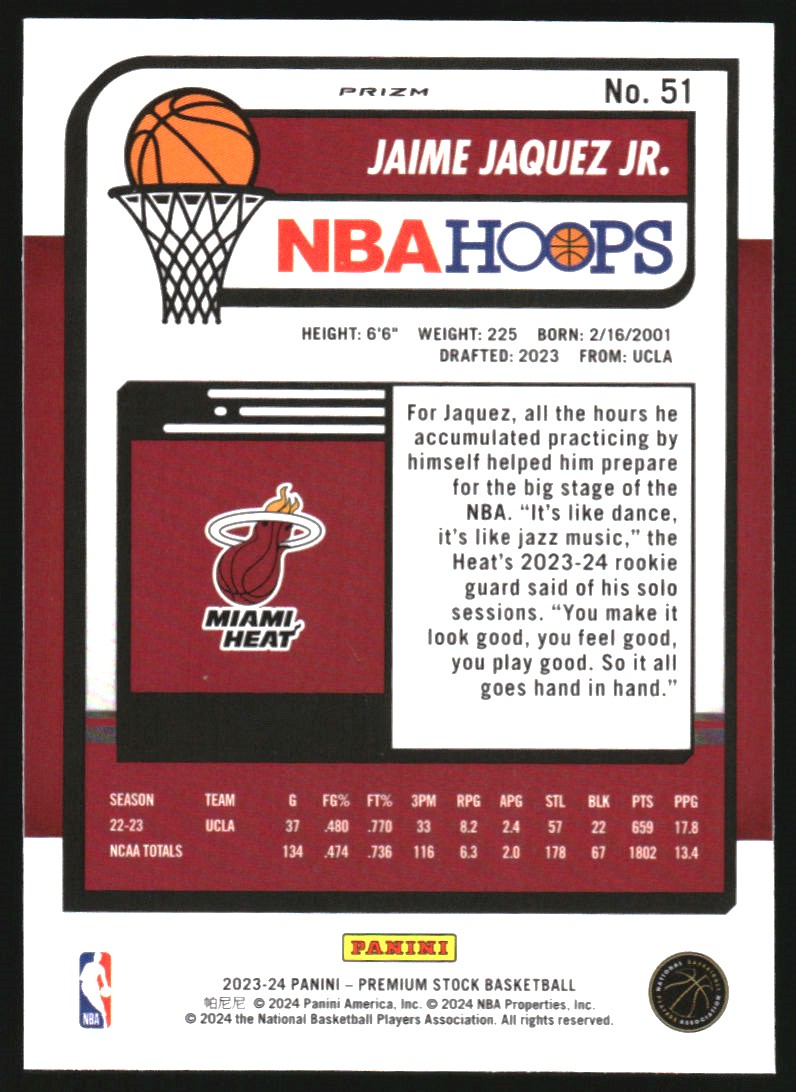 2023-24 Hoops Premium Stock Silver Prizm #51 Jaime Jaquez Jr.