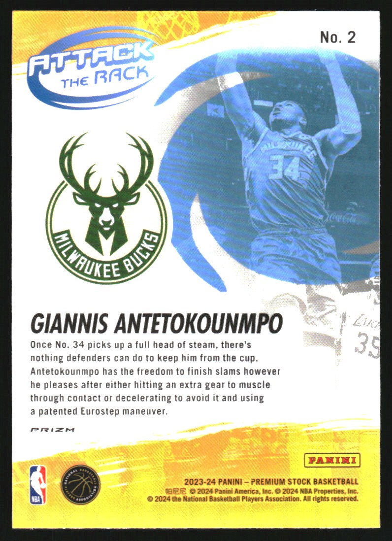 2023-24 Hoops Premium Stock Attack the Rack Silver Prizm #2 Giannis Antetokounmpo