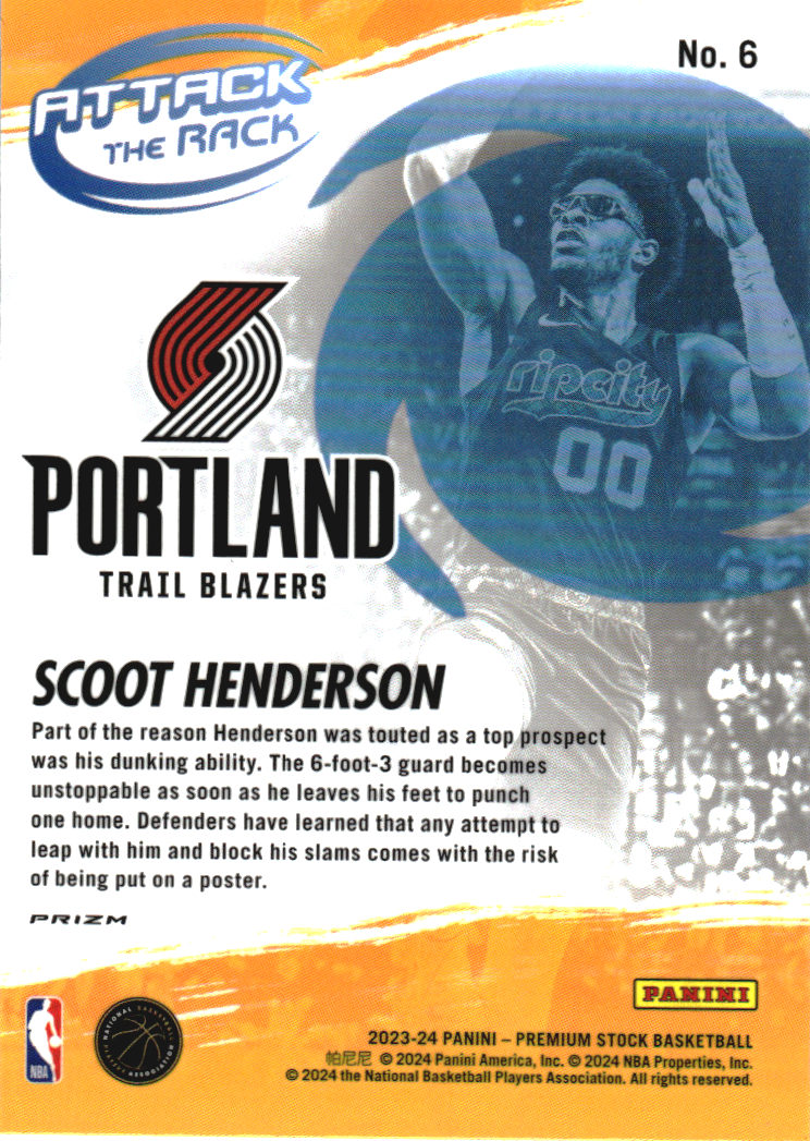 2023-24 Hoops Premium Stock Attack the Rack Silver Prizm #6 Scoot Henderson