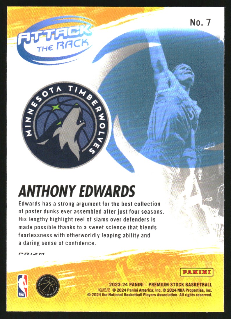 2023-24 Hoops Premium Stock Attack the Rack Silver Prizm #7 Anthony Edwards
