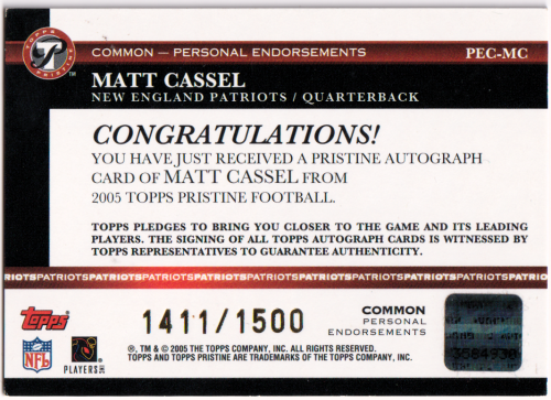 2005 Topps Pristine Personal Endorsements Autographs #MC Matt Cassel/1500 C back image