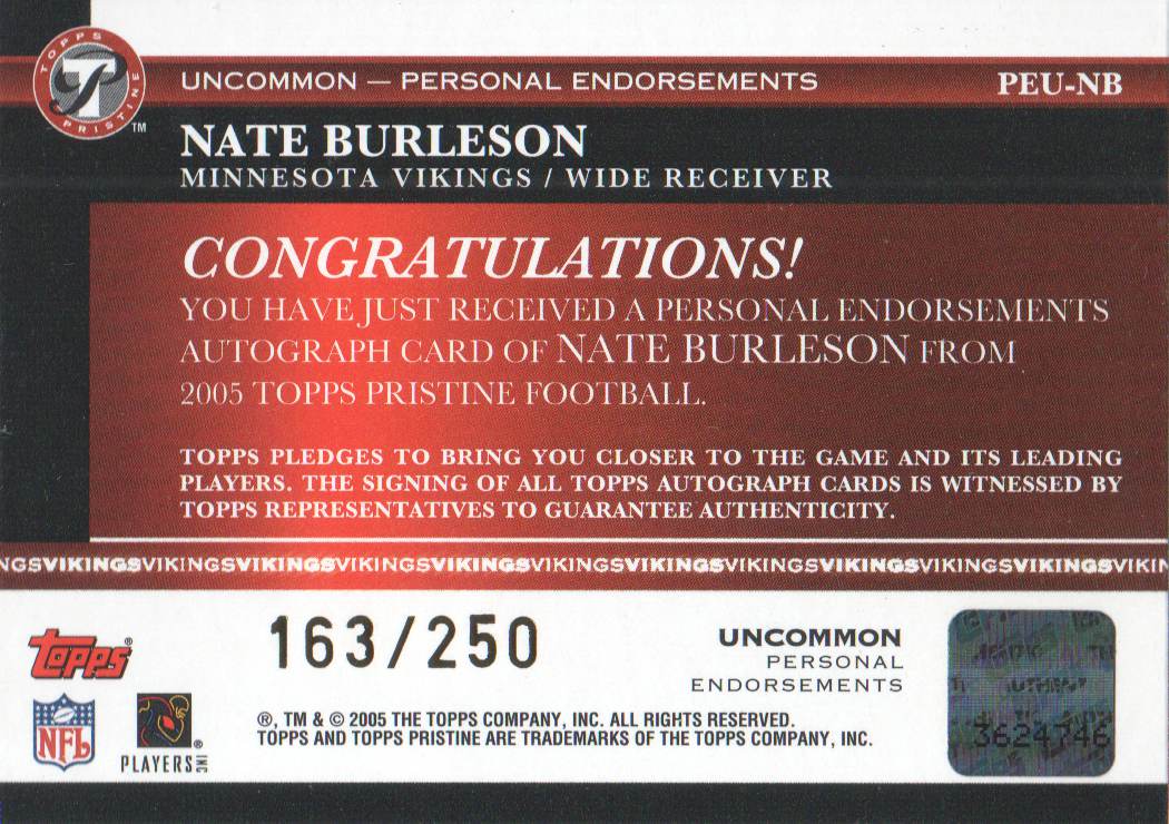2005 Topps Pristine Personal Endorsements Autographs #NB Nate Burleson/250 U back image
