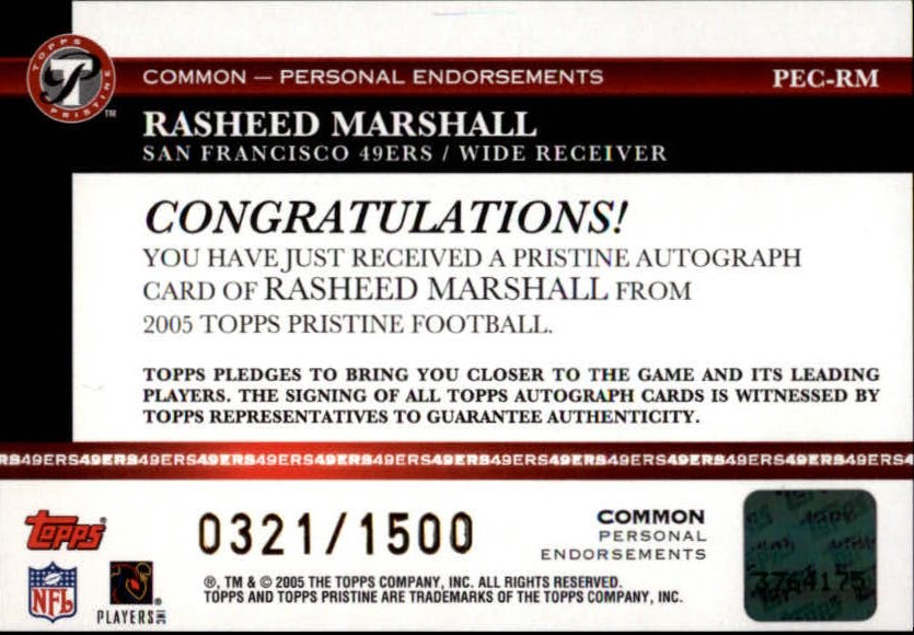 2005 Topps Pristine Personal Endorsements Autographs #RM Rasheed Marshall/1500 C back image
