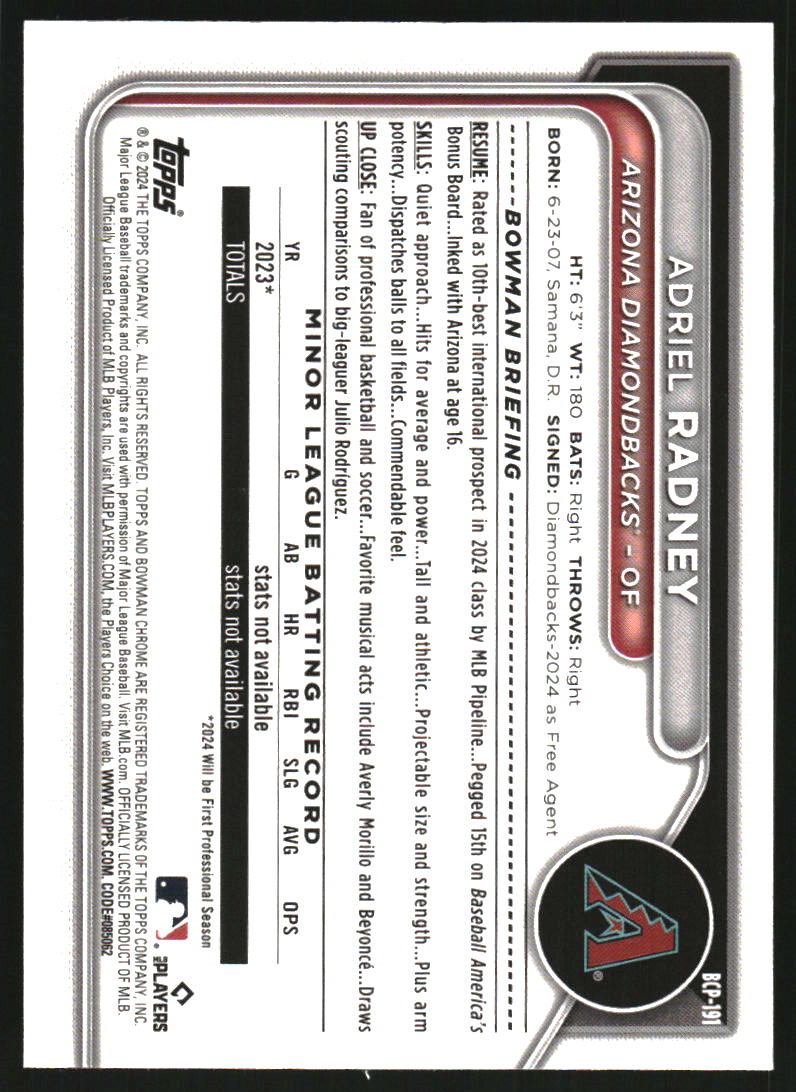2024 Bowman Chrome Sapphire Prospects Yellow Refractors #BCP191 Adriel Radney /75