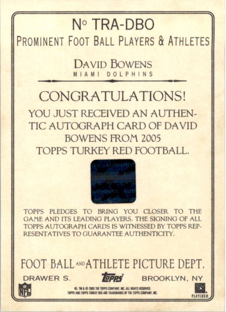 2005 Topps Turkey Red Autographs Gray #TRADBO David Bowens F back image
