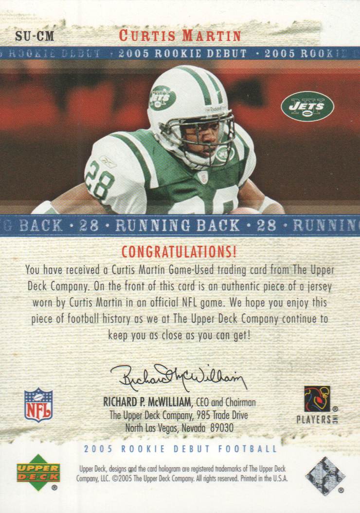 2005 Upper Deck Rookie Debut Sunday Swatches #SUCM Curtis Martin back image