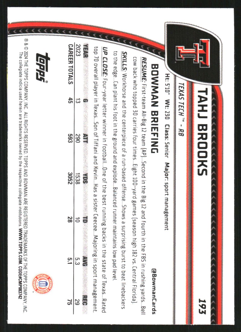 2024 Bowman Chrome University #193 Tahj Brooks