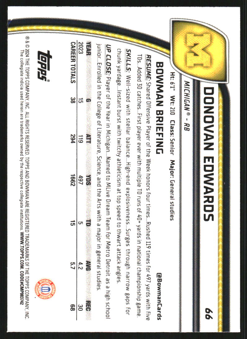 2024 Bowman Chrome University Shimmer Purple Refractors #66 Donovan Edwards