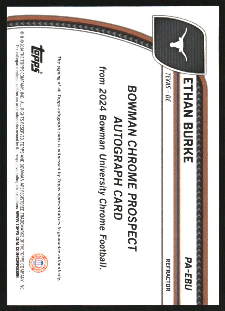 2024 Bowman Chrome University Prospect Autographs Refractors #PAEBU Ethan Burke Auto /299