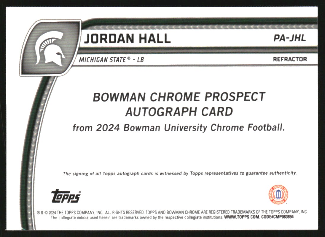 2024 Bowman Chrome University Prospect Autographs Refractors #PAJHL Jordan Hall
